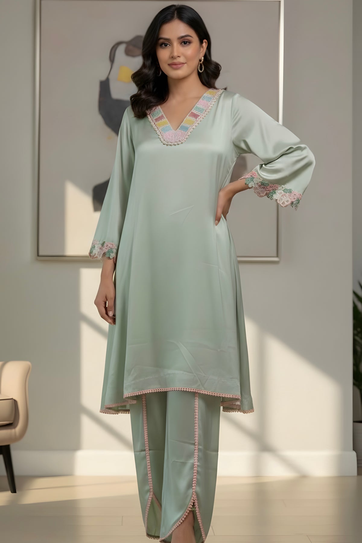 Sea Green Satin Co-ord Set with Pearl Work on Neck and Cut Work Lace on Sleeves with Tulip Pant