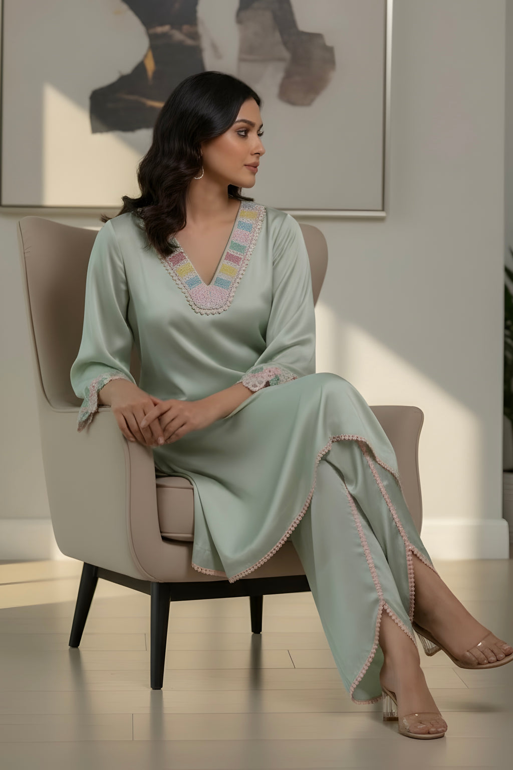 Sea Green Satin Co-ord Set with Pearl Work on Neck and Cut Work Lace on Sleeves with Tulip Pant