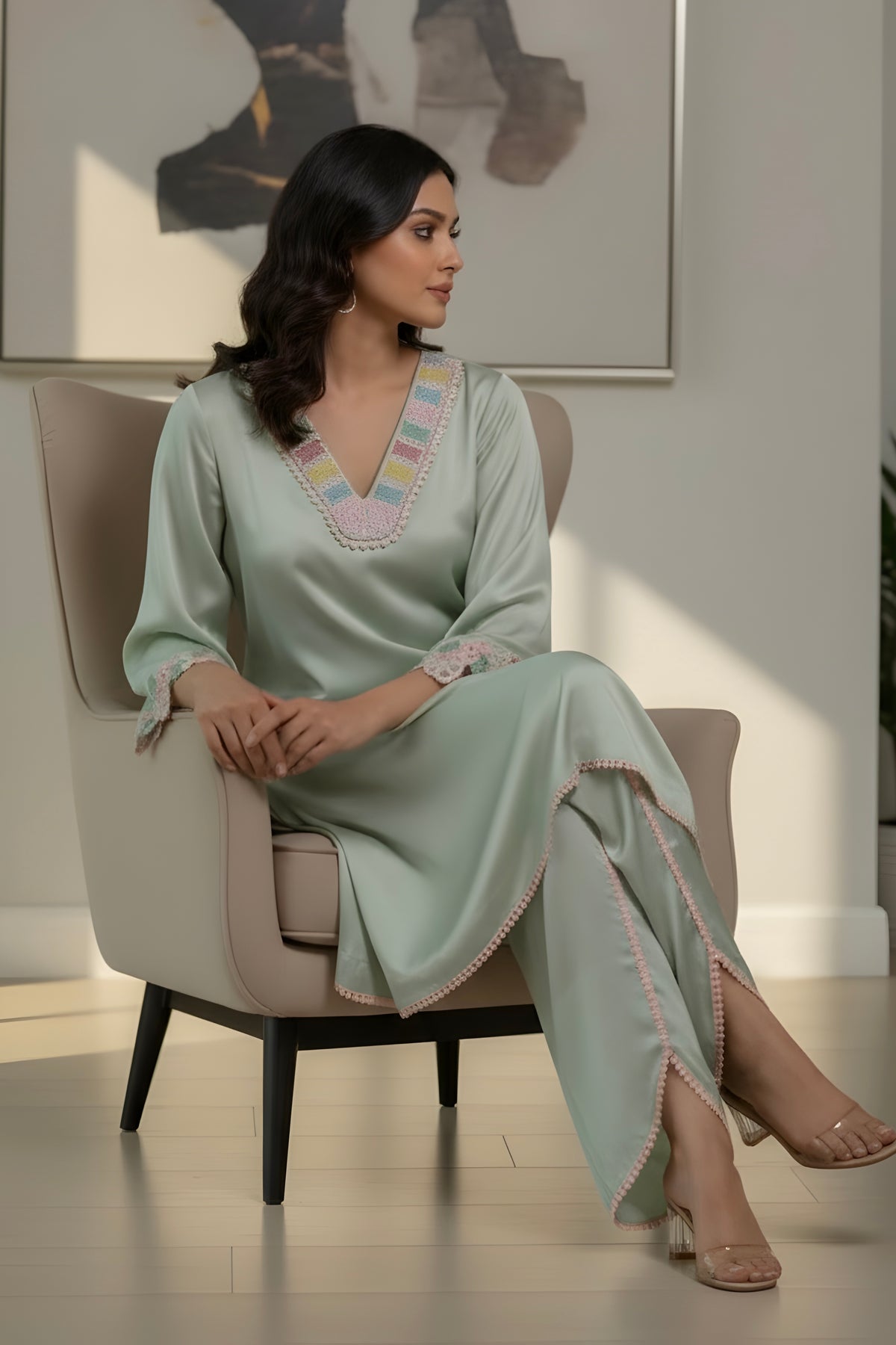 Sea Green Satin Co-ord Set with Pearl Work on Neck and Cut Work Lace on Sleeves with Tulip Pant