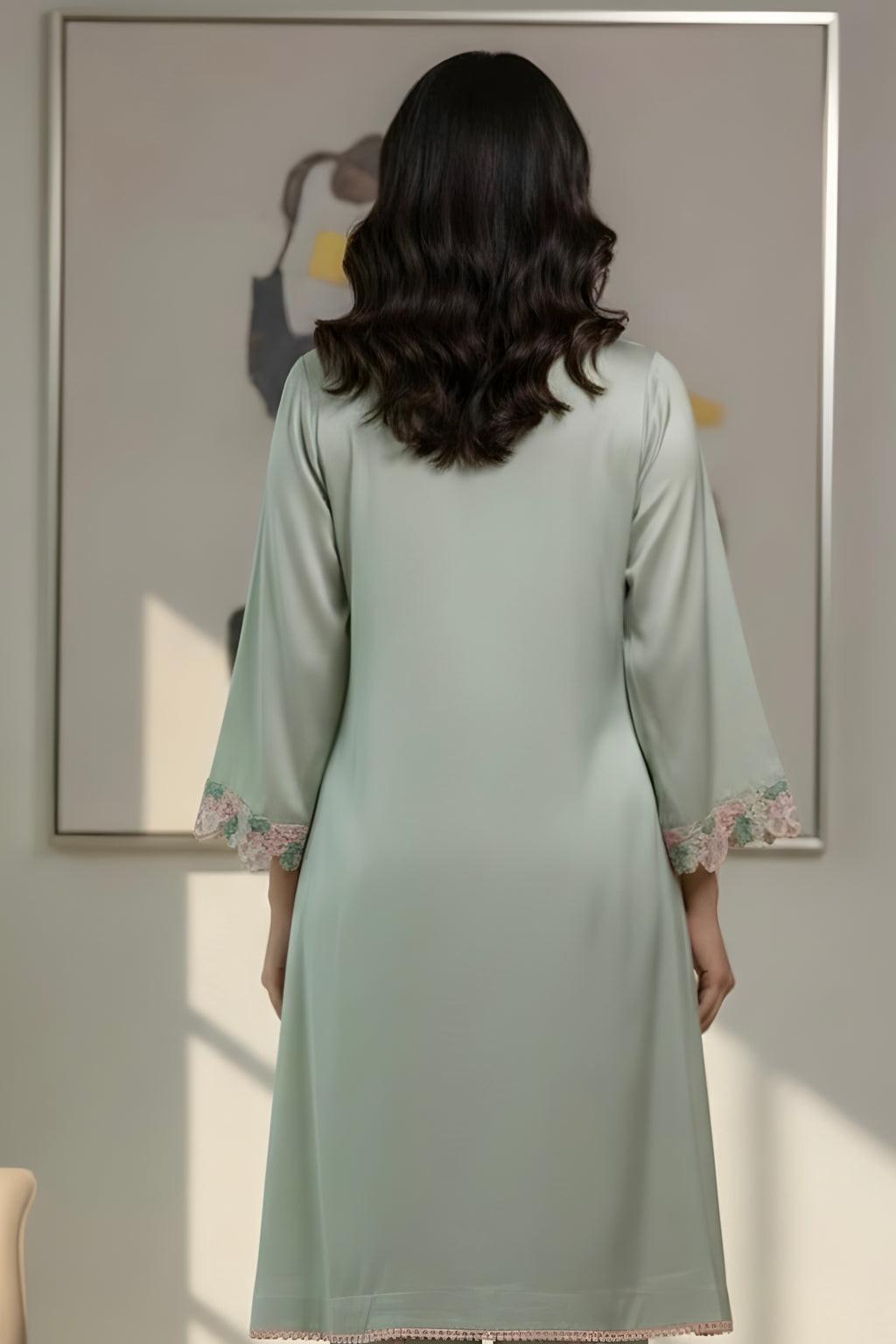 Sea Green Satin Co-ord Set with Pearl Work on Neck and Cut Work Lace on Sleeves with Tulip Pant