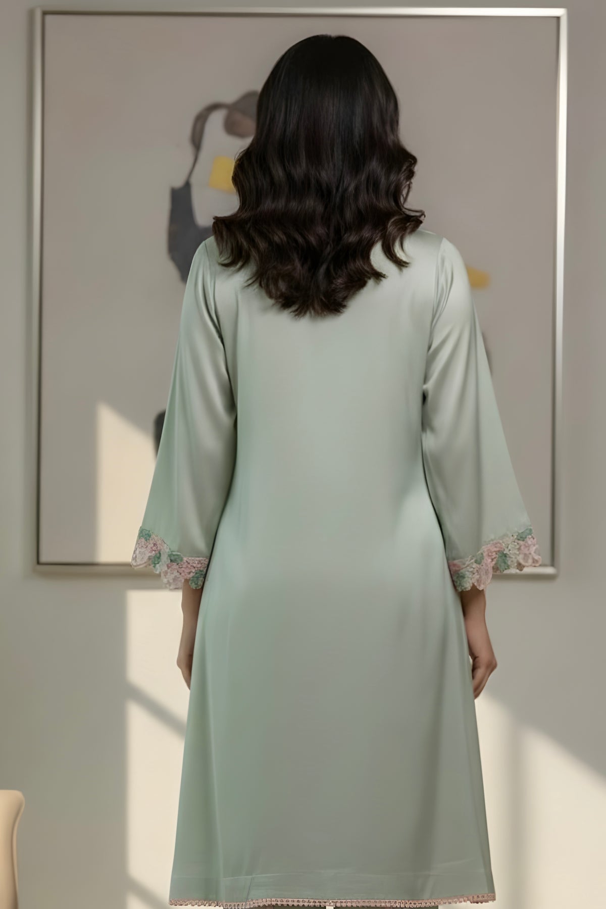 Sea Green Satin Co-ord Set with Pearl Work on Neck and Cut Work Lace on Sleeves with Tulip Pant