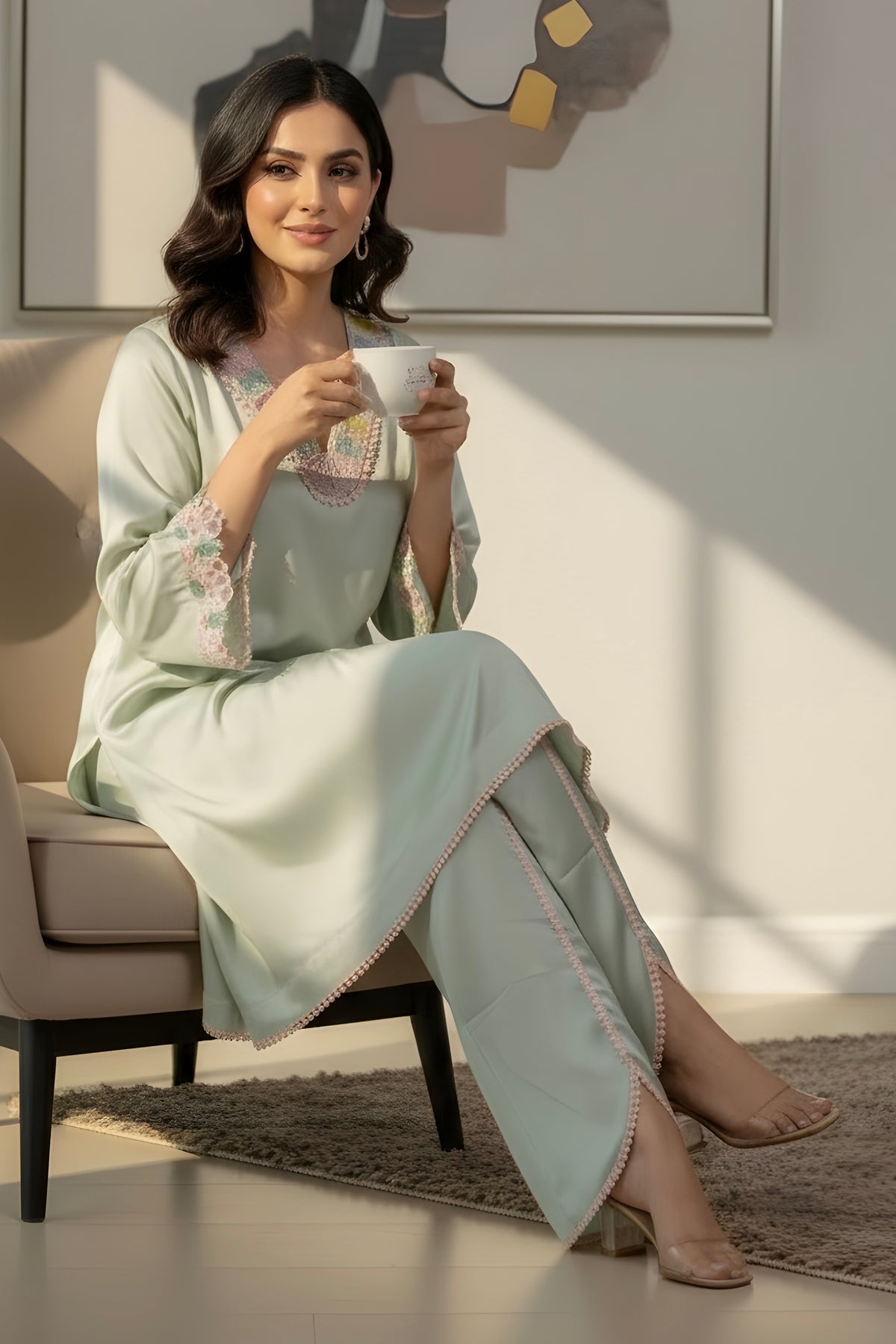 Sea Green Satin Co-ord Set with Pearl Work on Neck and Cut Work Lace on Sleeves with Tulip Pant