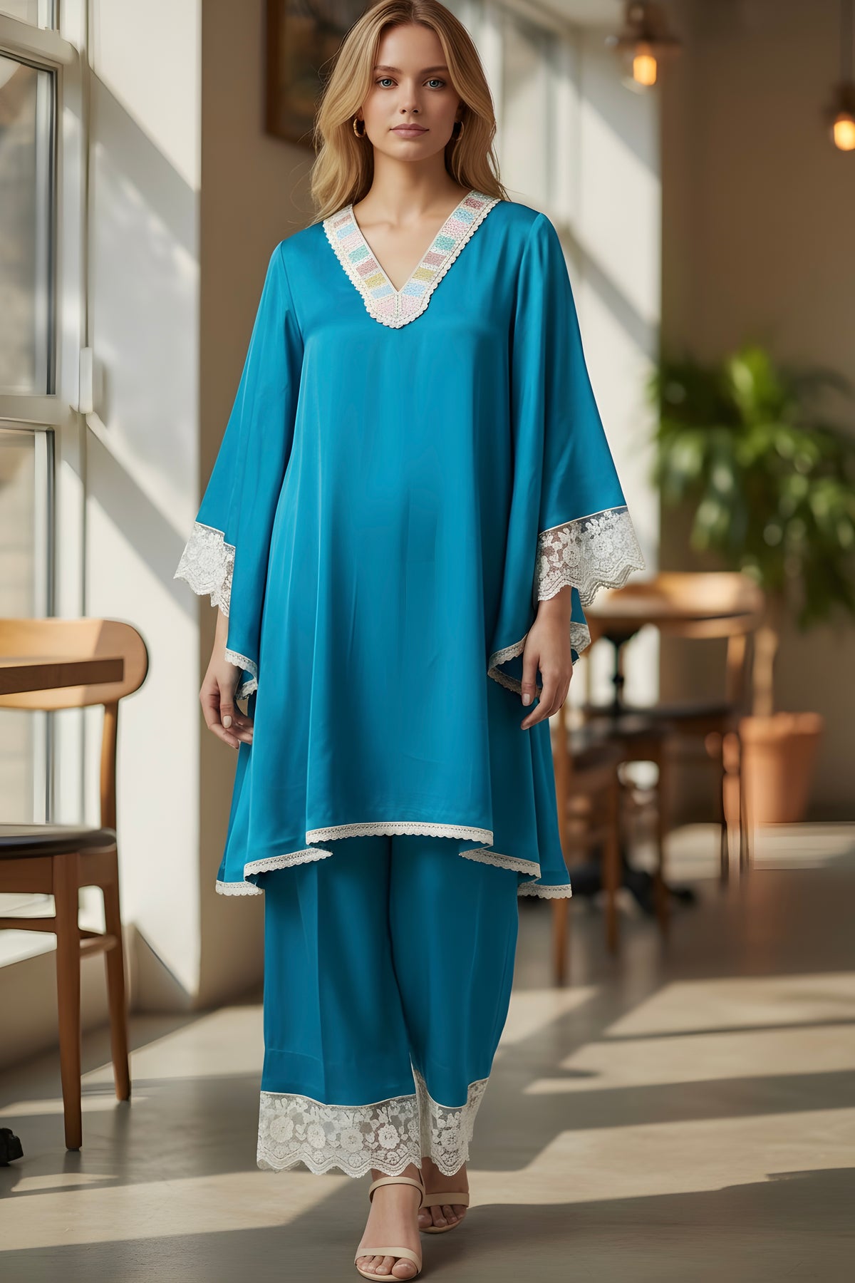 Blue Co-ord Set with Pearl Work on Neck and Lace on Sleeves and Pant