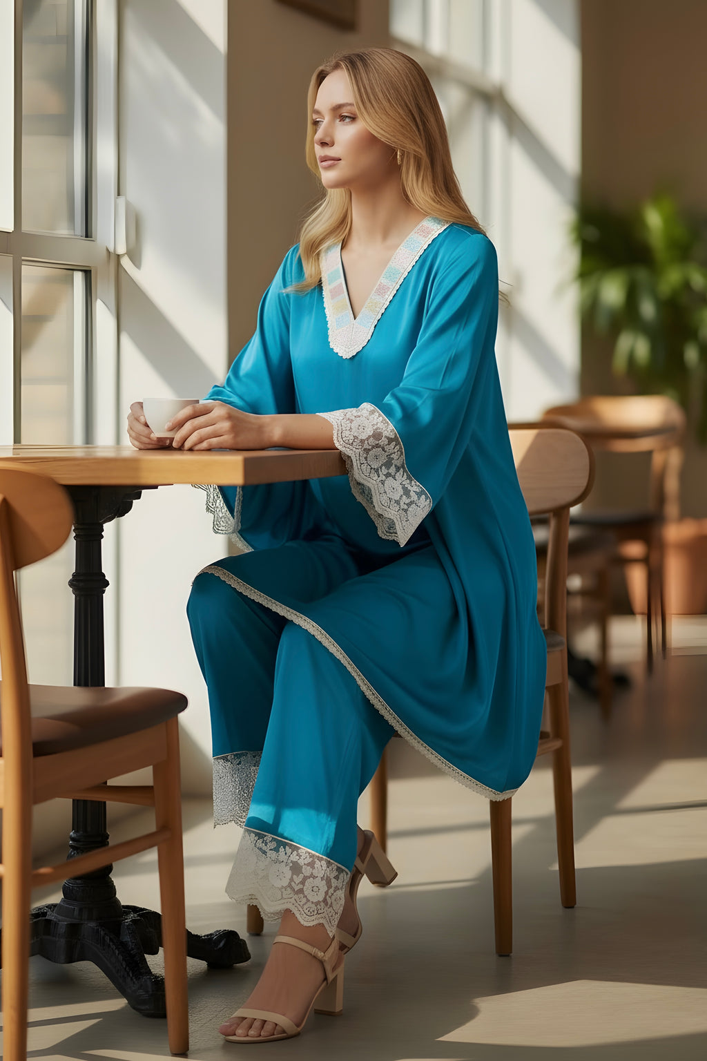Blue Co-ord Set with Pearl Work on Neck and Lace on Sleeves and Pant