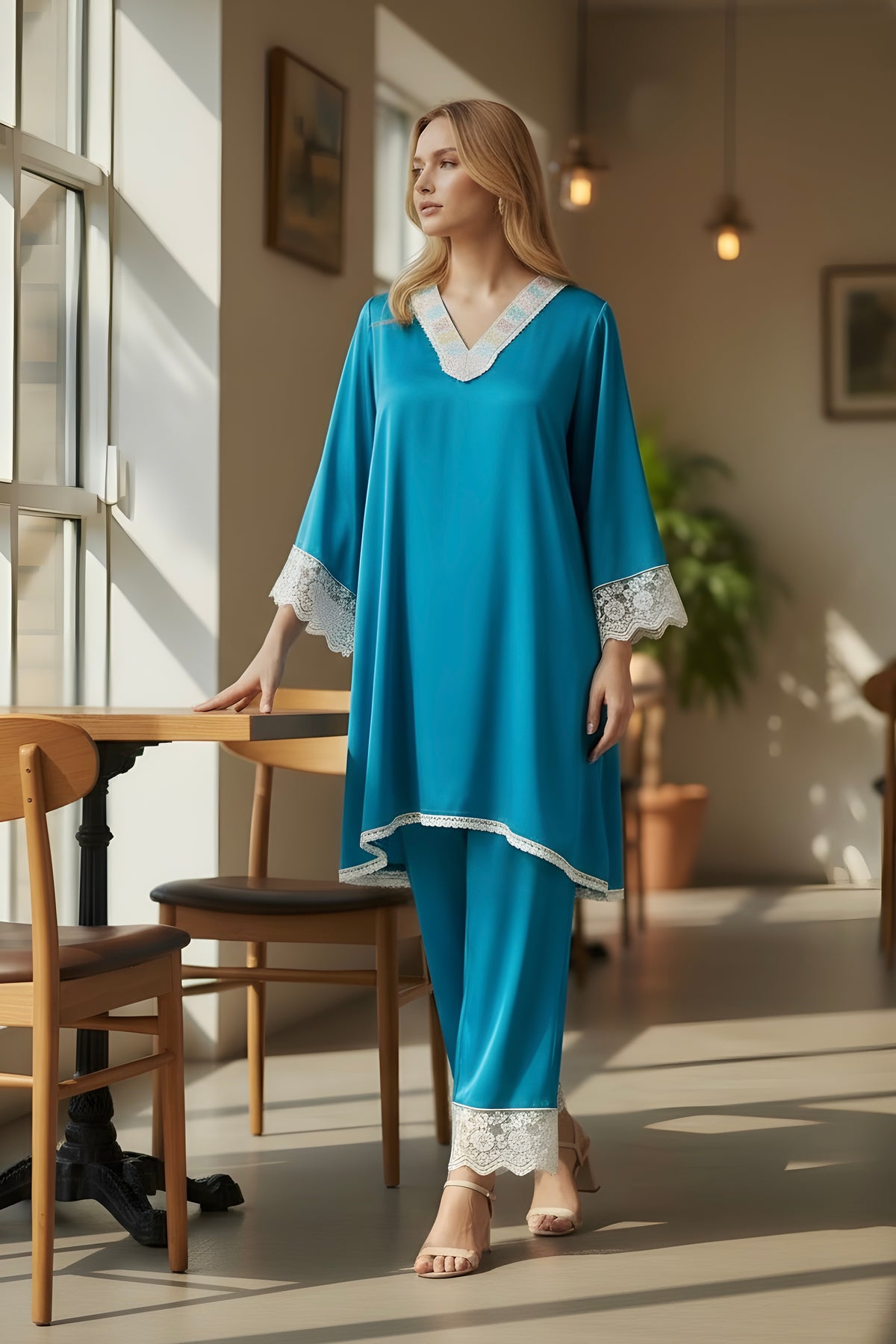 Blue Co-ord Set with Pearl Work on Neck and Lace on Sleeves and Pant