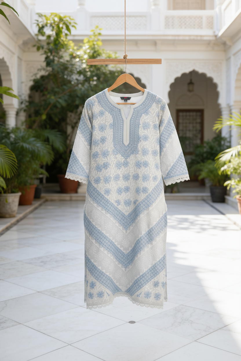 Light Blue and White Cotton Lakhnavi Shirt and Pant