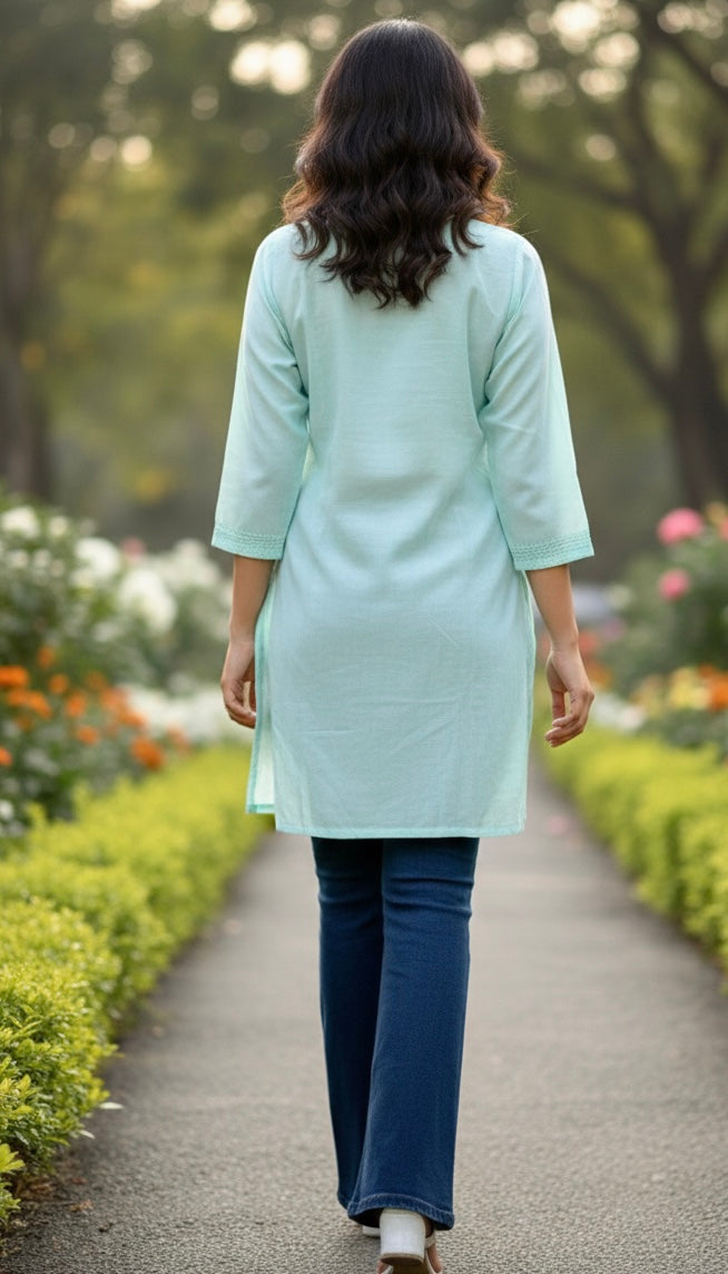 Modal Silk Sea Green Lakhnavi Short Kurti
