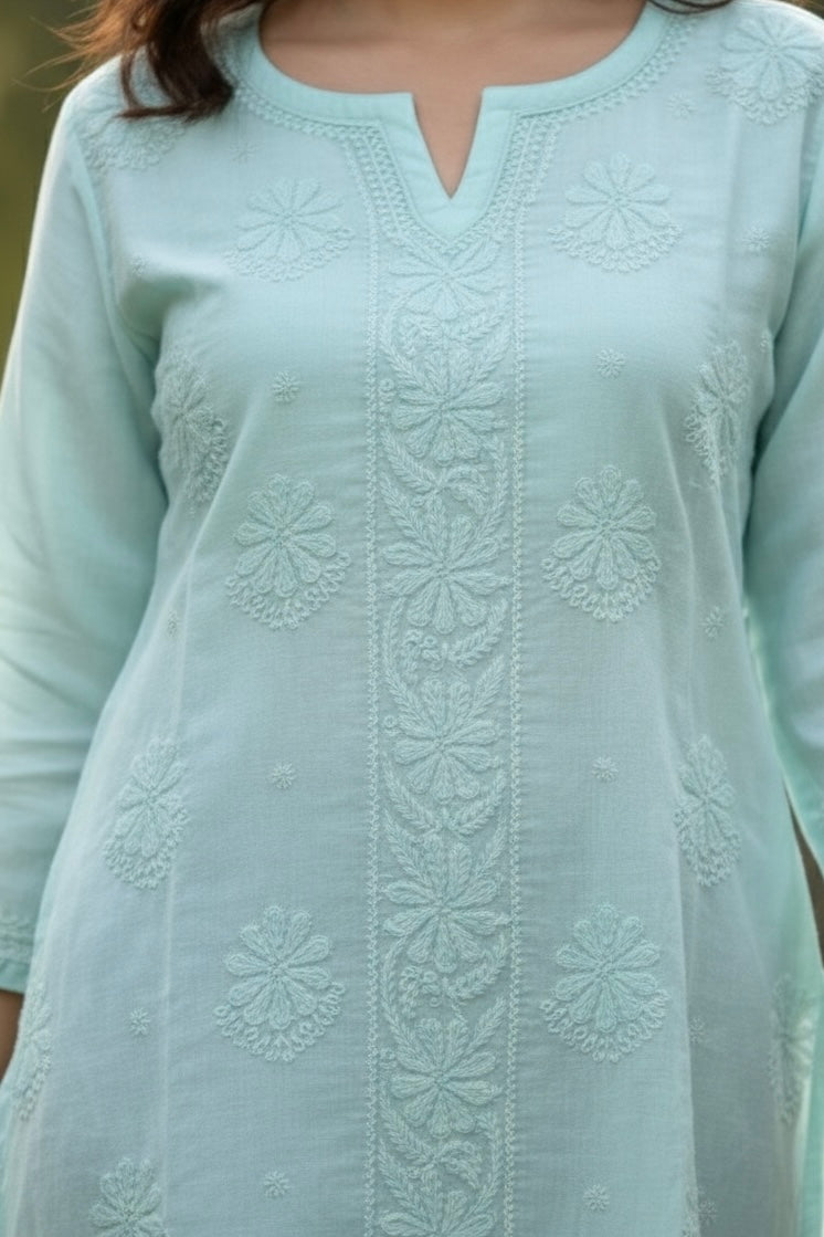 Modal Silk Sea Green Lakhnavi Short Kurti