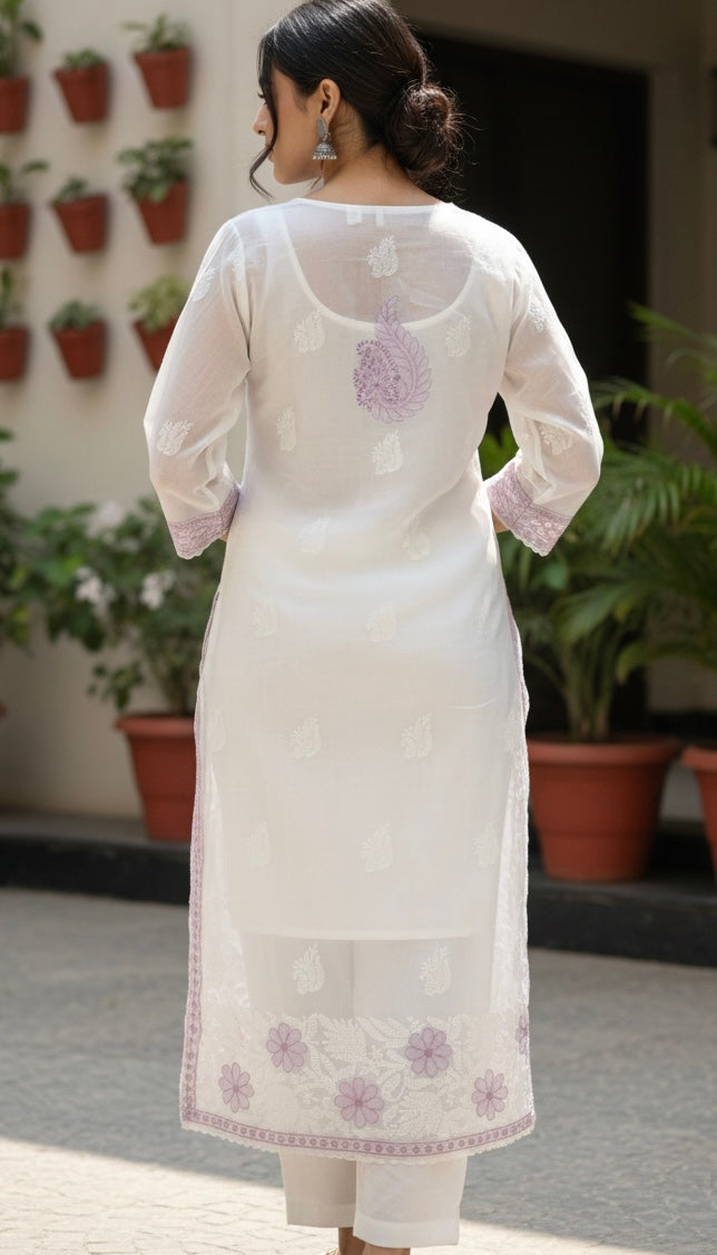 White and Mauve Cotton Lakhnavi Shirt and Pant