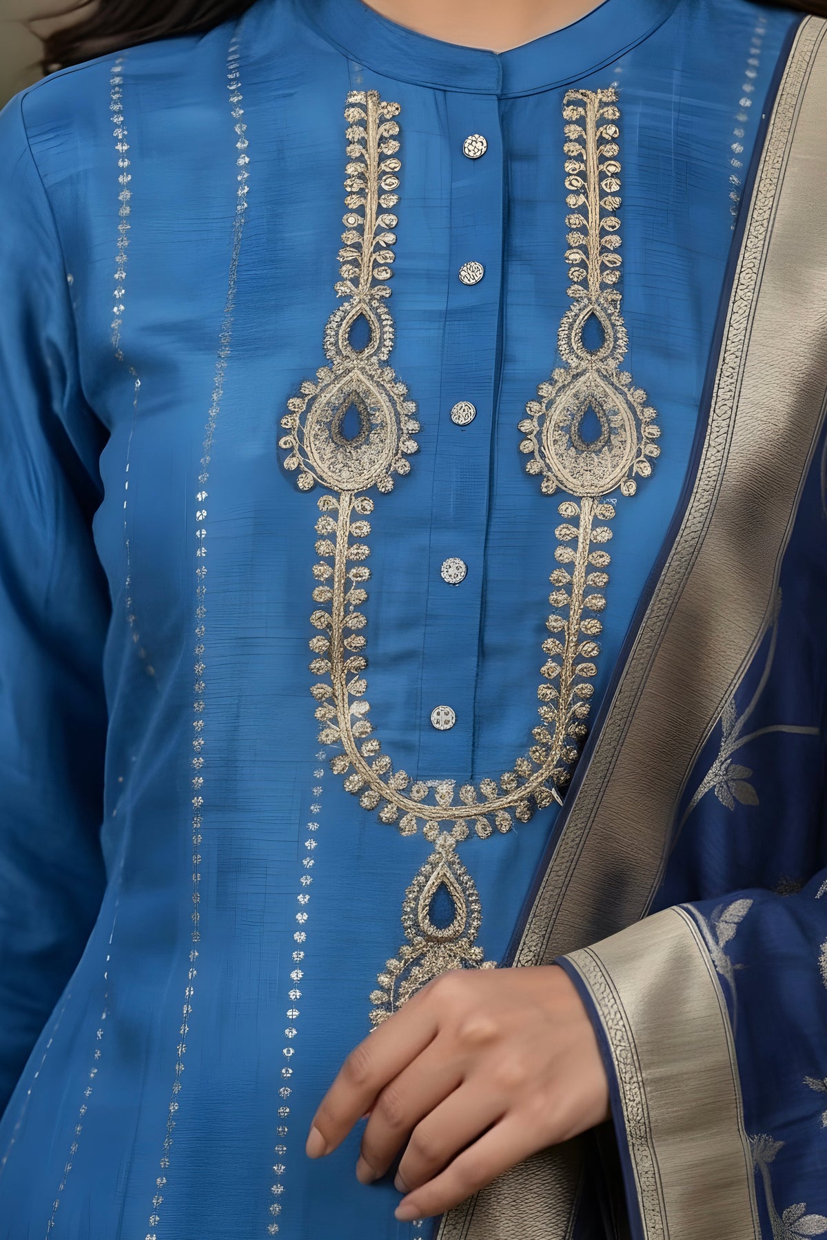 Blue Silk Suit Kundan Work with Banarasi Dupatta and Pant