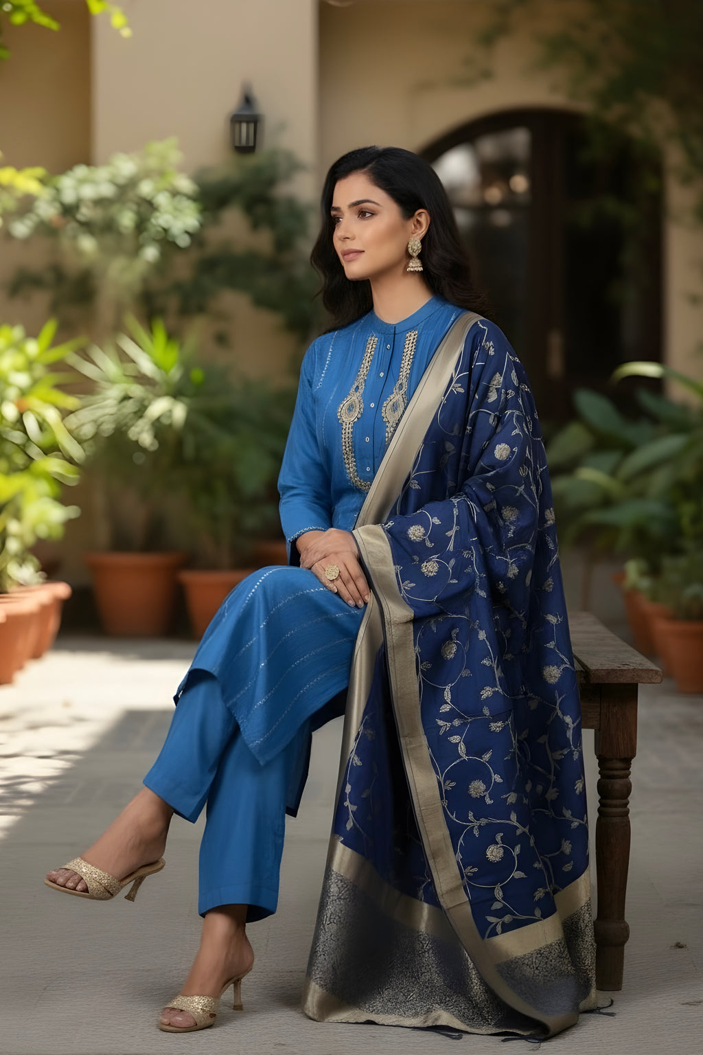 Blue Silk Suit Kundan Work with Banarasi Dupatta and Pant