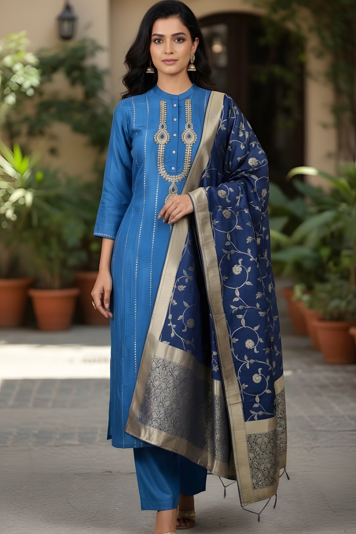 Blue Silk Suit Kundan Work with Banarasi Dupatta and Pant