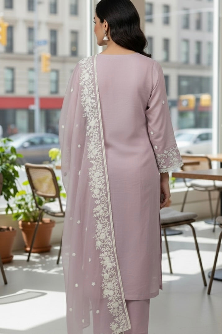 Light Onion Pink Full Embroidered Suit with handwork and embroidered Chiffon Dupatta and Pant