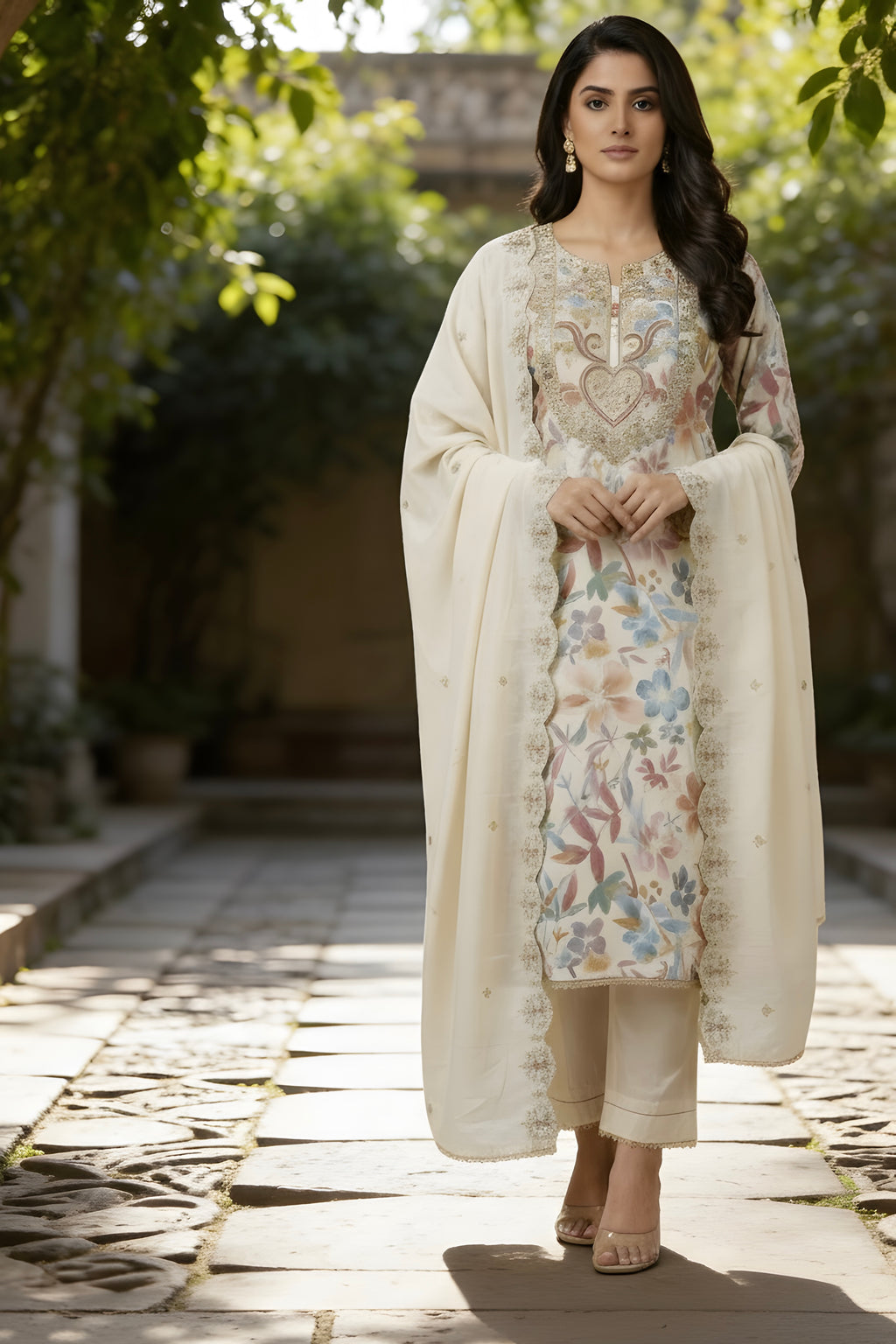 Glace Cotton Tilla Embroidery on Neck with Embroidered Dupatta and Pant