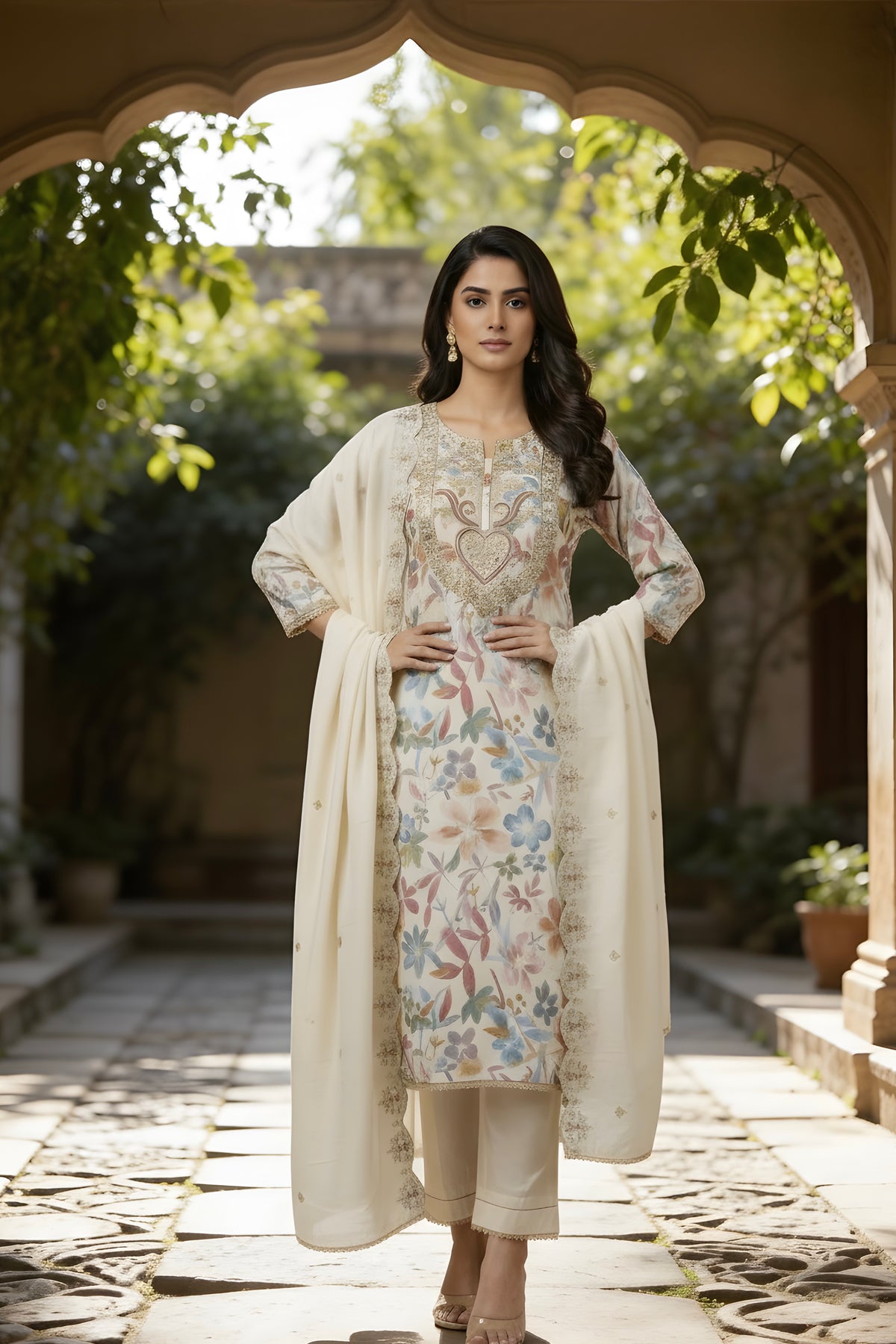 Glace Cotton Tilla Embroidery on Neck with Embroidered Dupatta and Pant