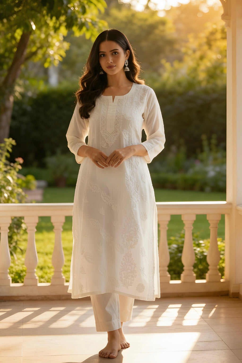 White Cotton Lakhnavi Full Embroidered Shirt with Pant