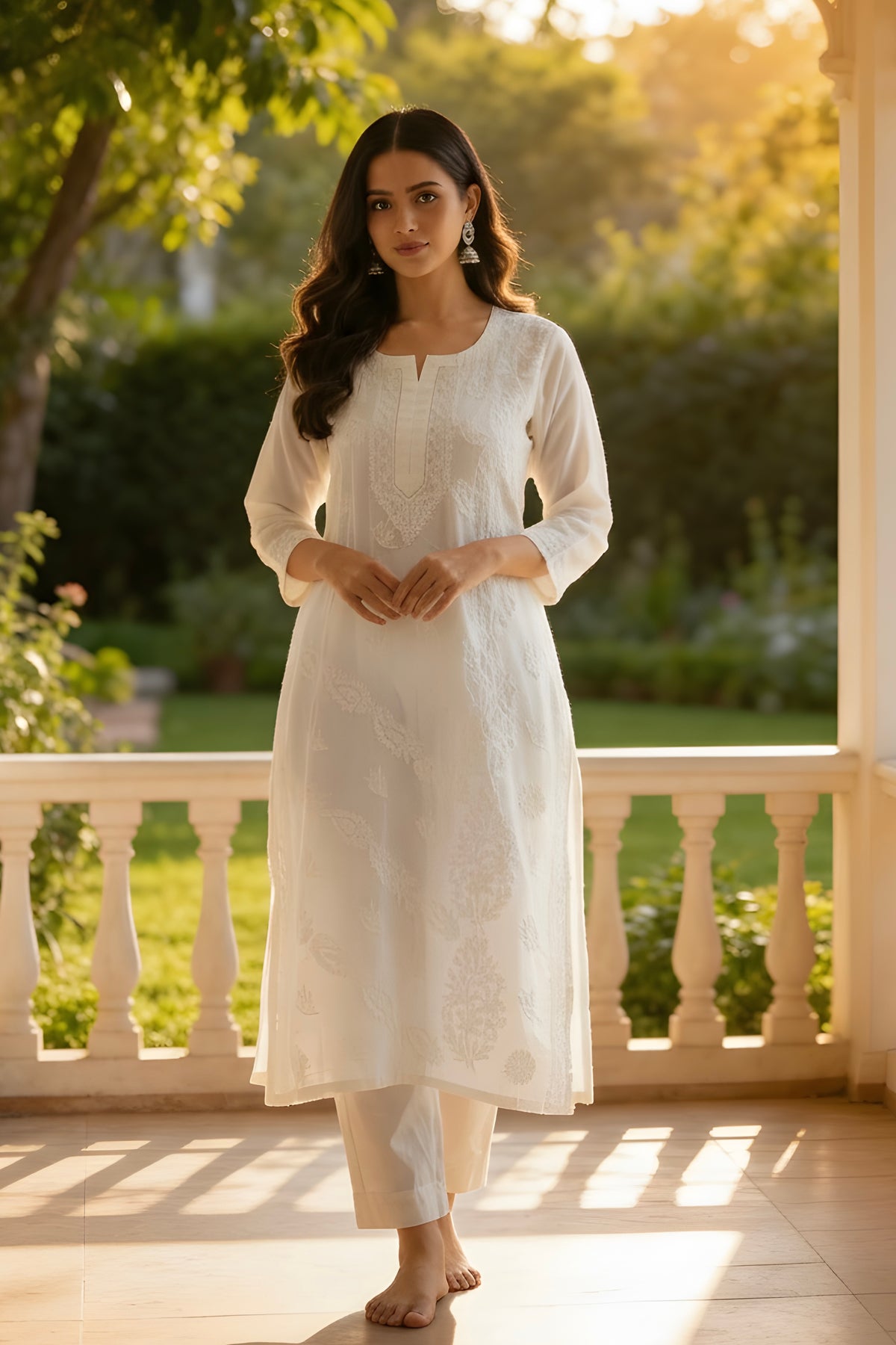 White Cotton Lakhnavi Full Embroidered Shirt with Pant