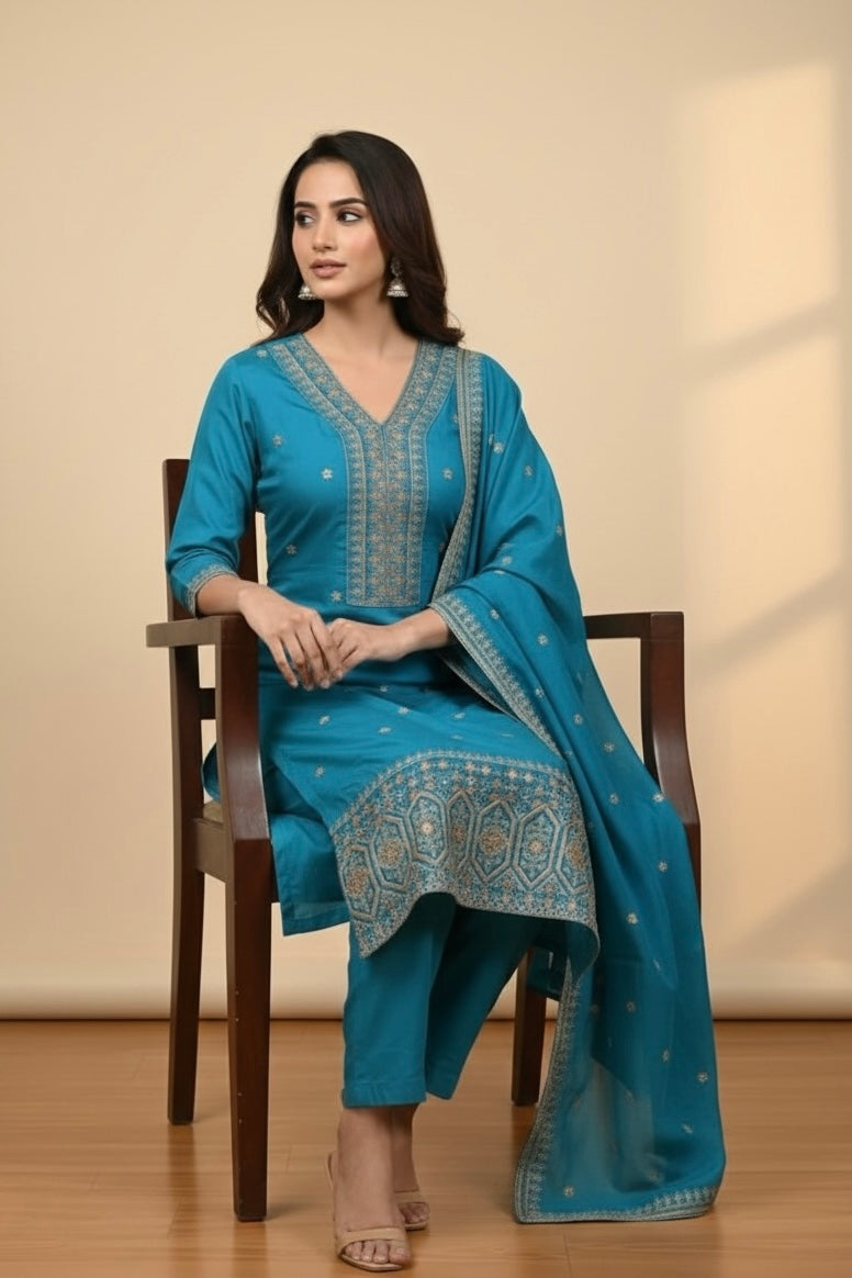 Ferozi Silk Tilla Work Suit with Pant