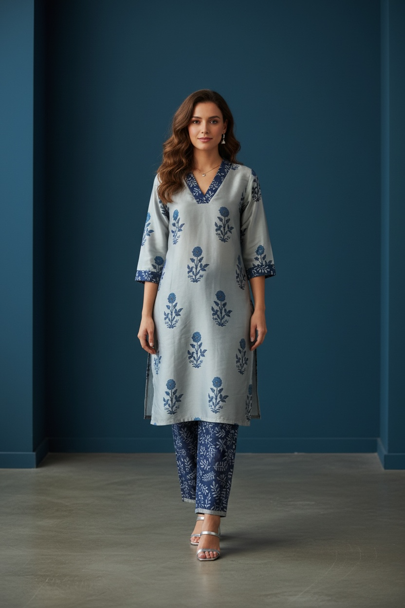 Grey and Blue Chanderi Silk Co-ord Set