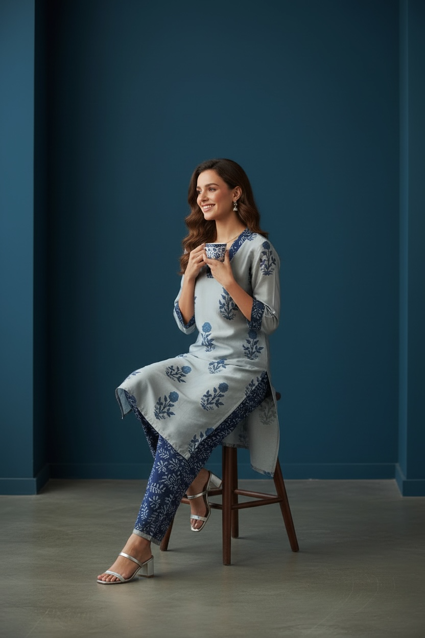 Grey and Blue Chanderi Silk Co-ord Set