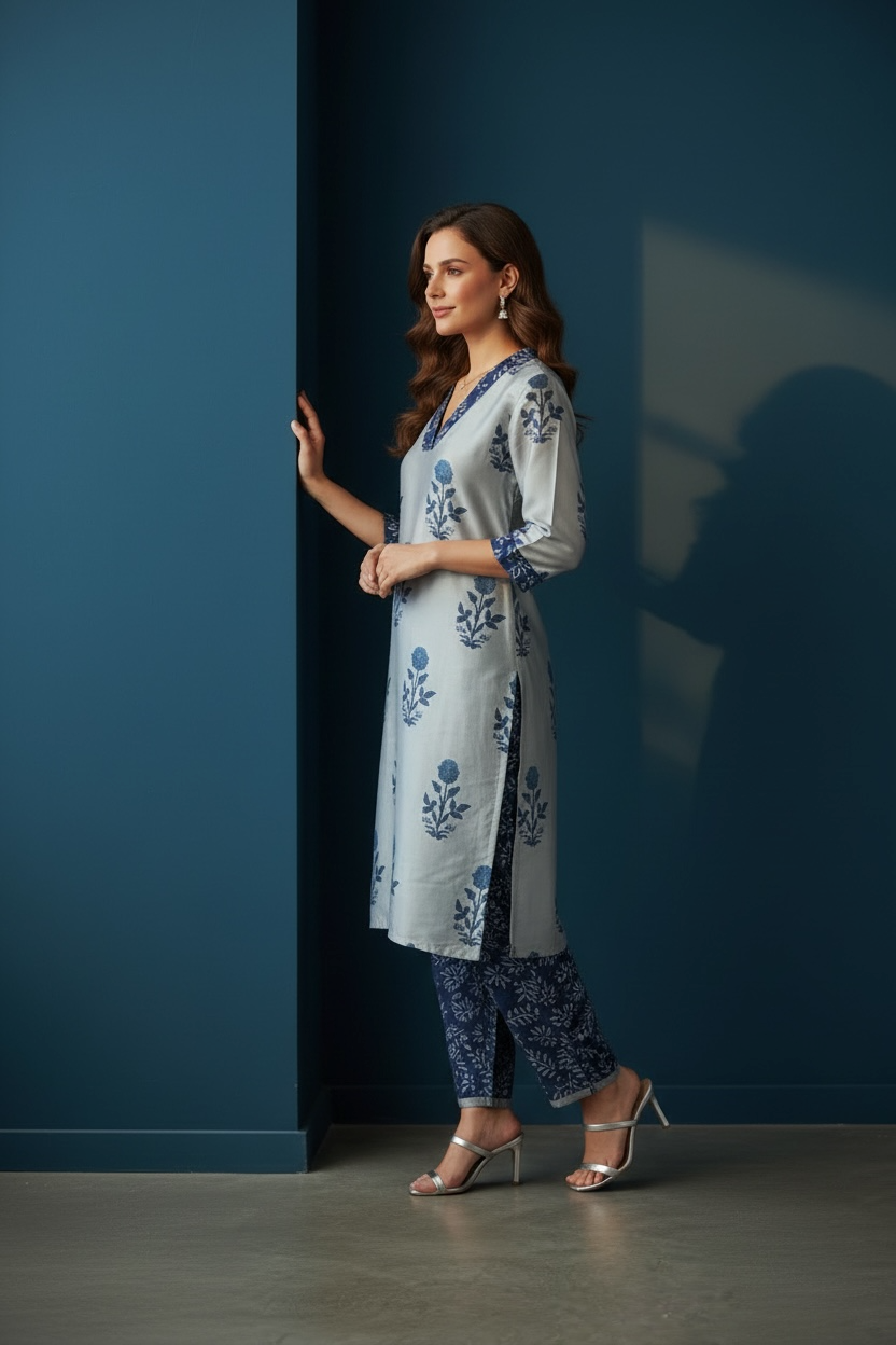 Grey and Blue Chanderi Silk Co-ord Set