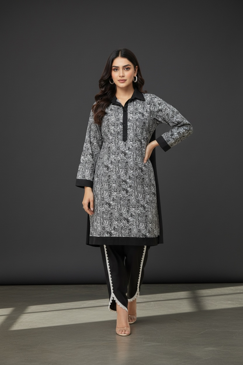 Black Printed Satin Co-ord Set with Black Tulip Pant