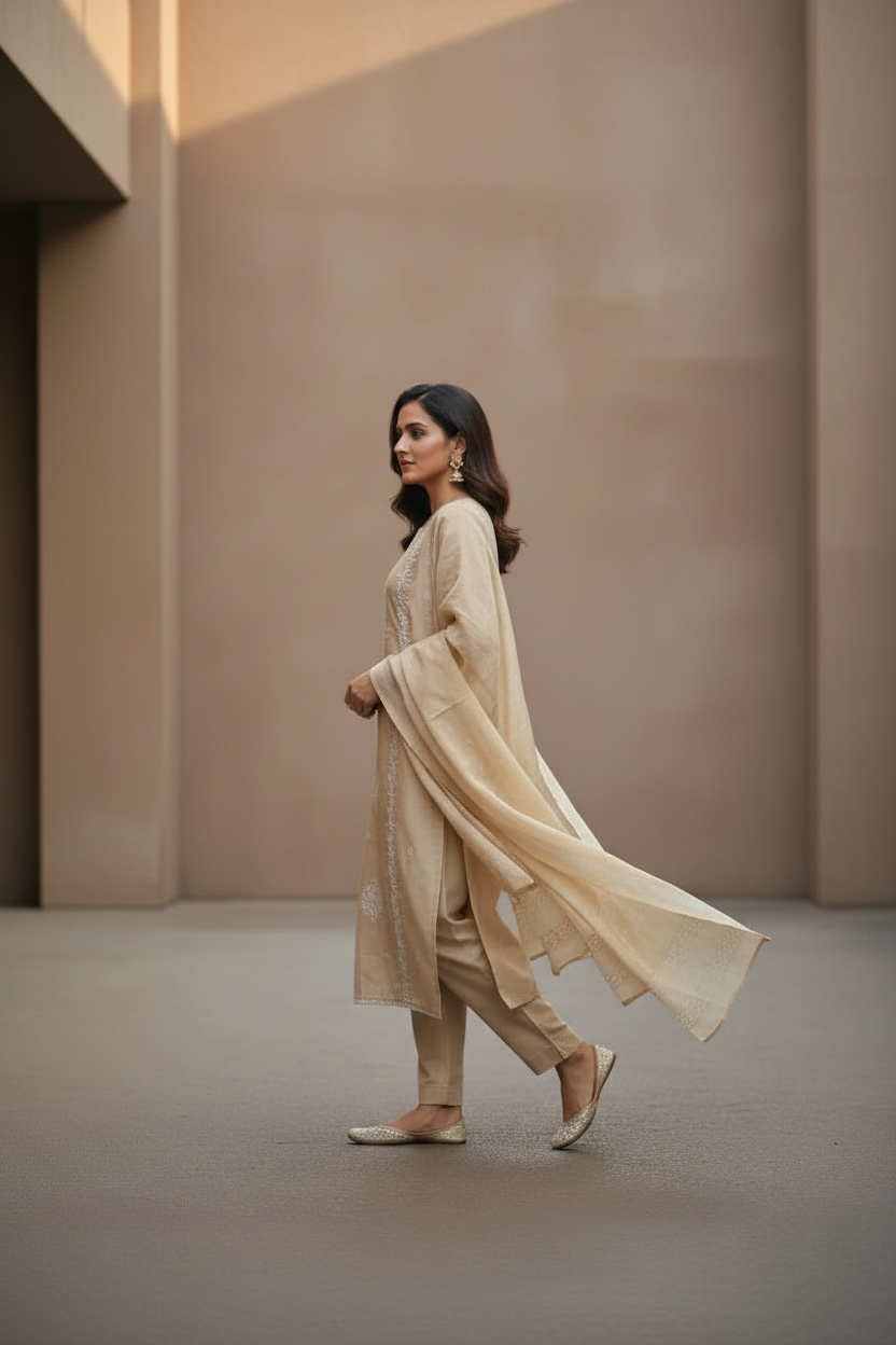 Beige Yellow Chanderi Cotton Suit with White and Silver Embroidery with Cotton Pant and Cotton Duppata