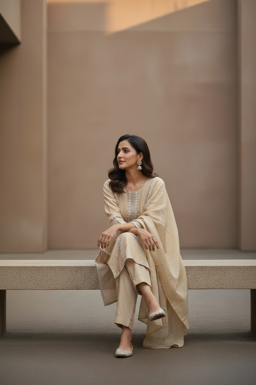 Beige Yellow Chanderi Cotton Suit with White and Silver Embroidery with Cotton Pant and Cotton Duppata