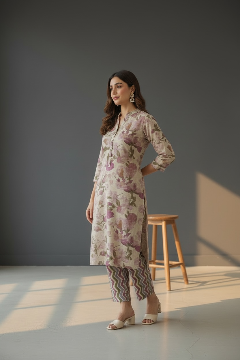 Chanderi Silk Flower Print Suit with Pant