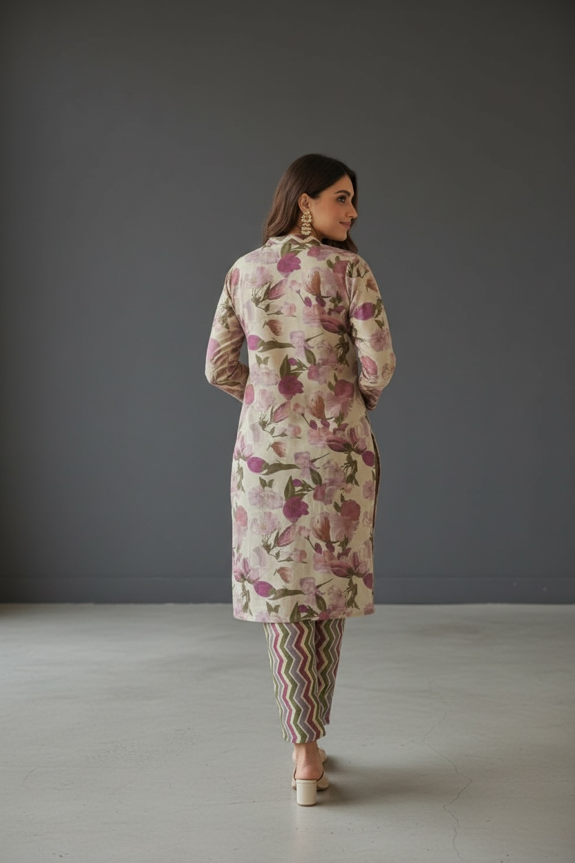 Chanderi Silk Flower Print Suit with Pant