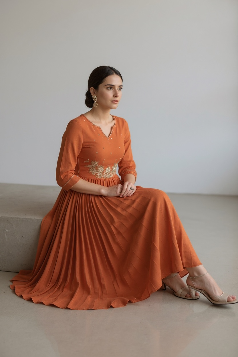 Rust Anarkali Silk Suit with Tilla and Pearl Work