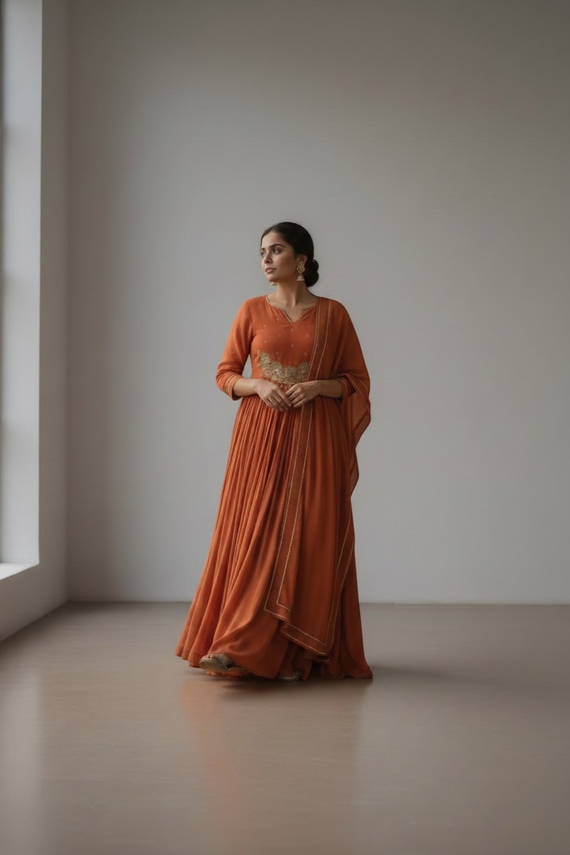 Rust Anarkali Silk Suit with Tilla and Pearl Work
