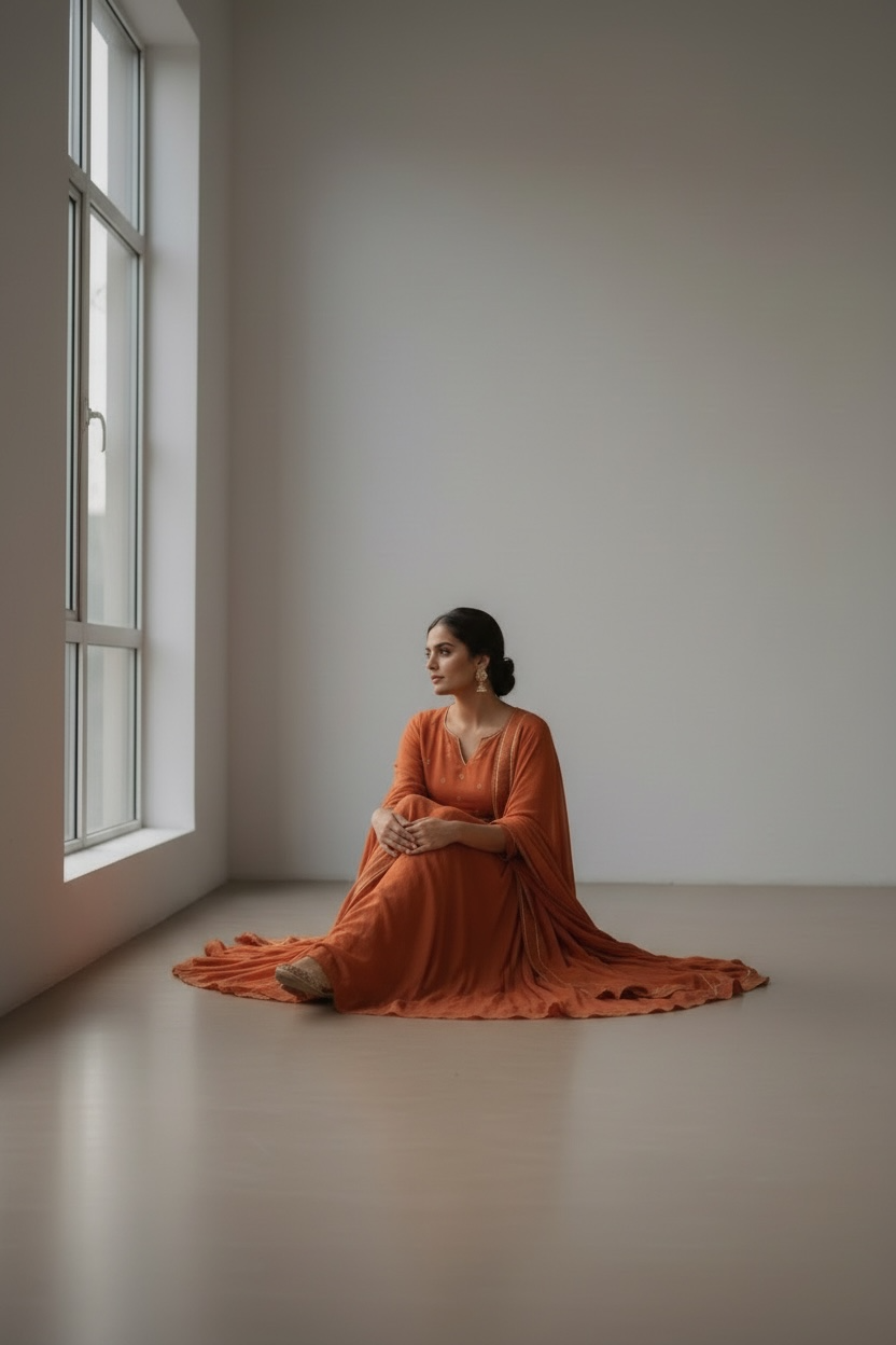 Rust Anarkali Silk Suit with Tilla and Pearl Work