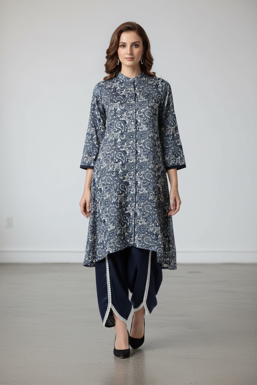 Satin Printed Blue Co-ord Set and Tulip Pant with Lace