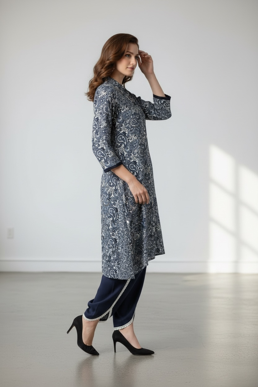 Satin Printed Blue Co-ord Set and Tulip Pant with Lace