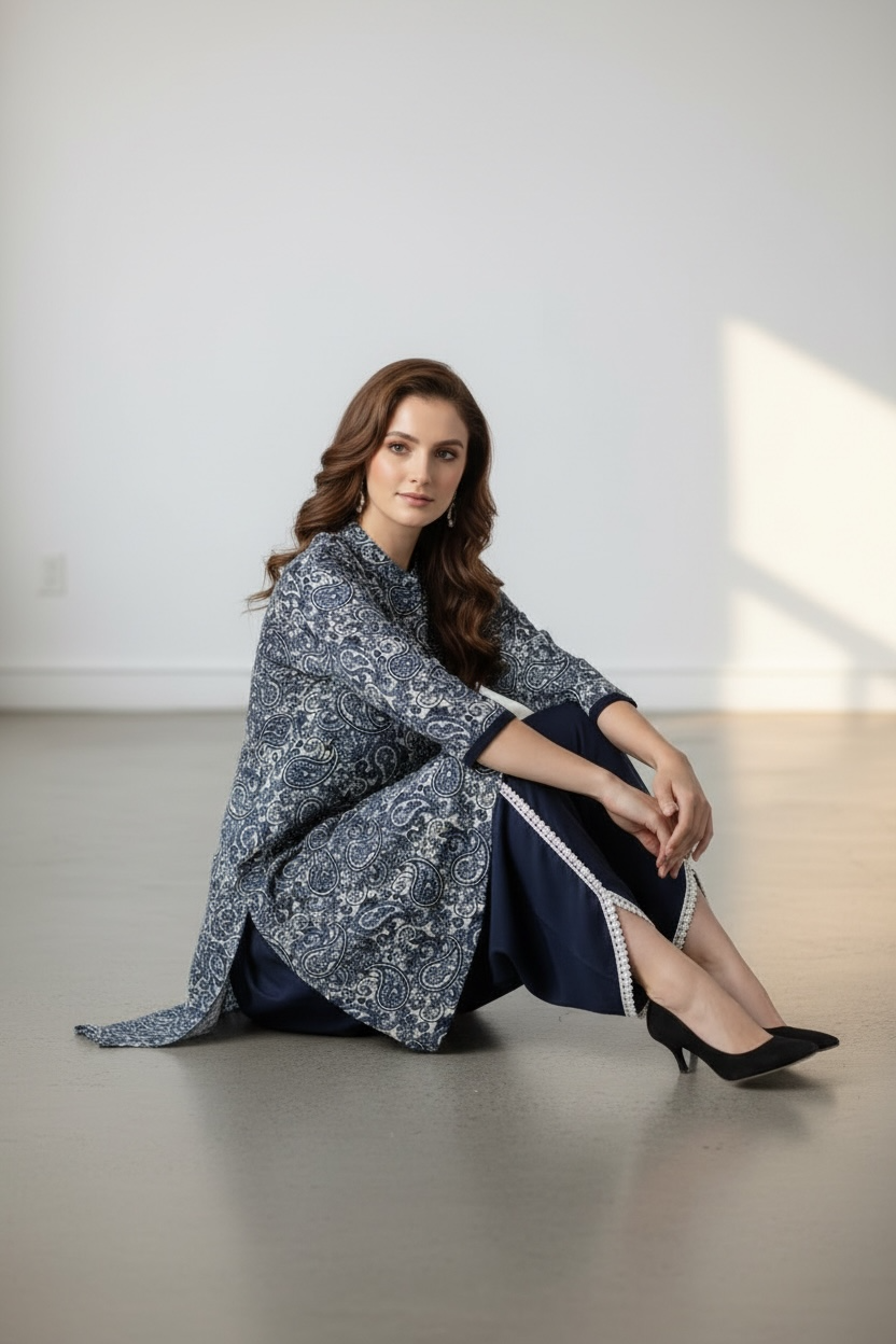 Satin Printed Blue Co-ord Set and Tulip Pant with Lace