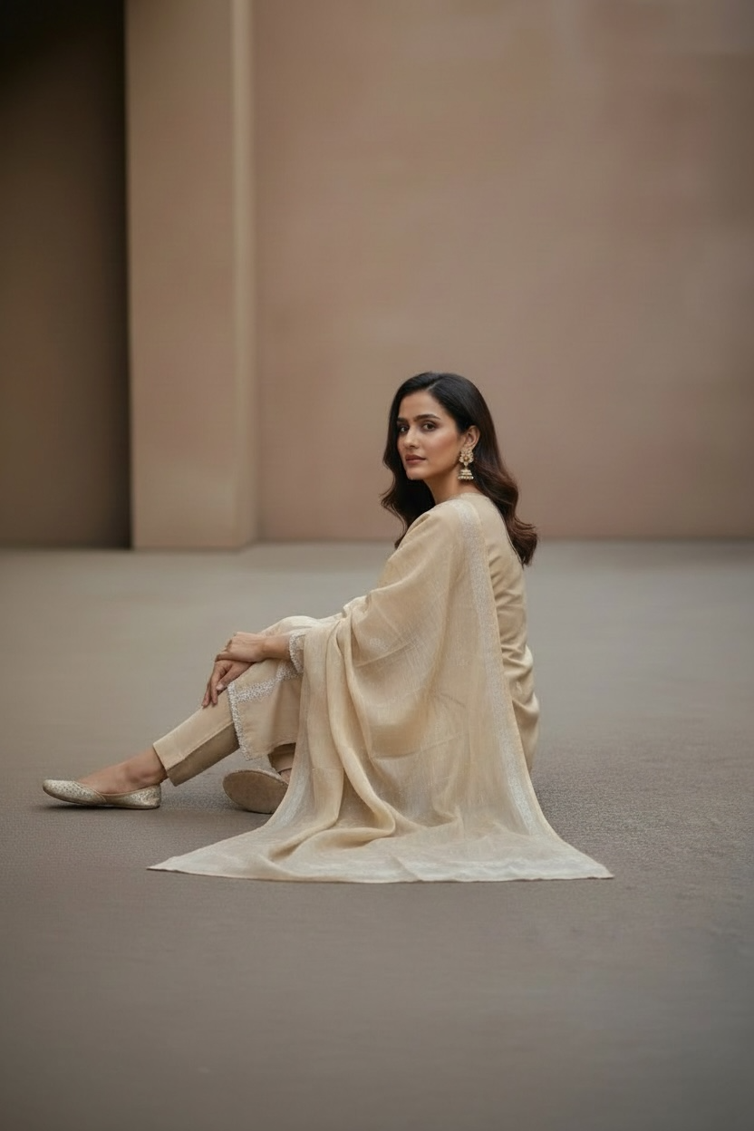 Beige Yellow Chanderi Cotton Suit with White and Silver Embroidery with Cotton Pant and Cotton Duppata