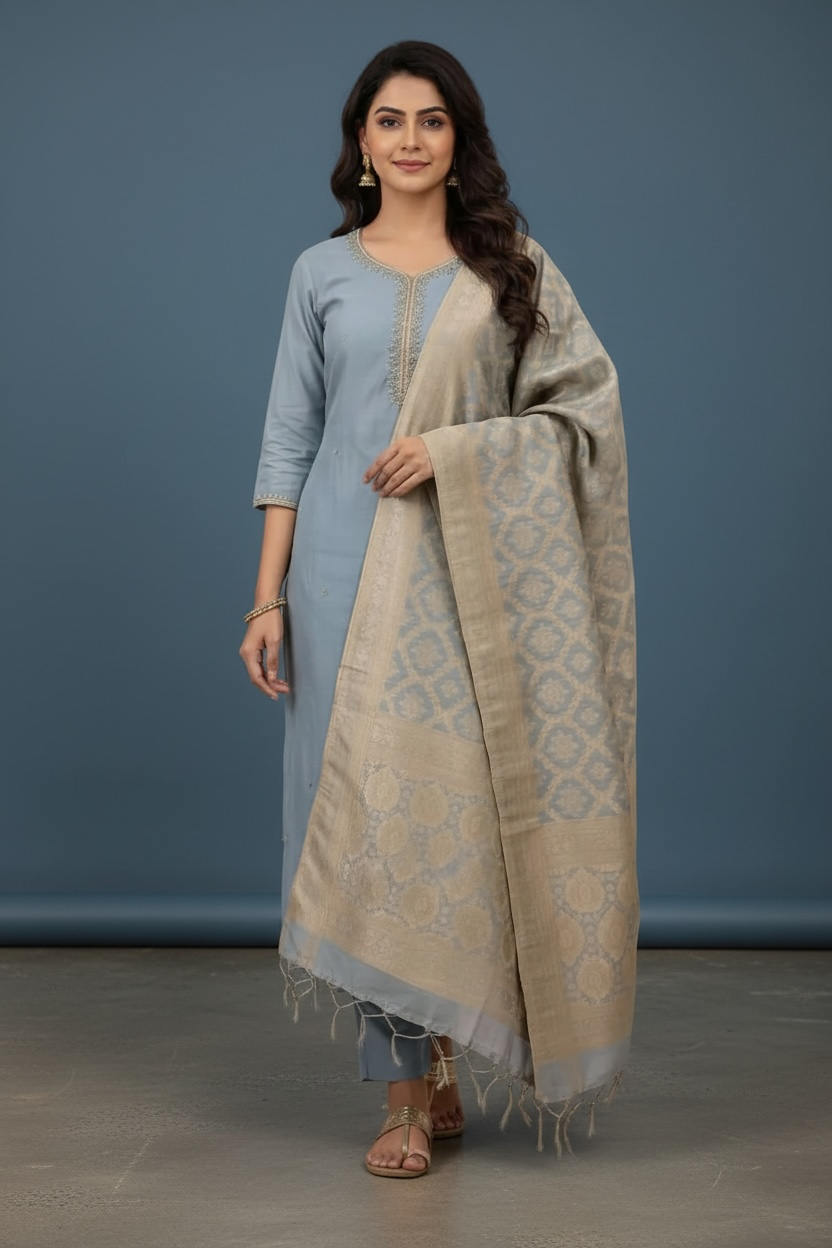Sky Blue Handwork of Sippi and Pearl with Banarasi Dupatta and Pant