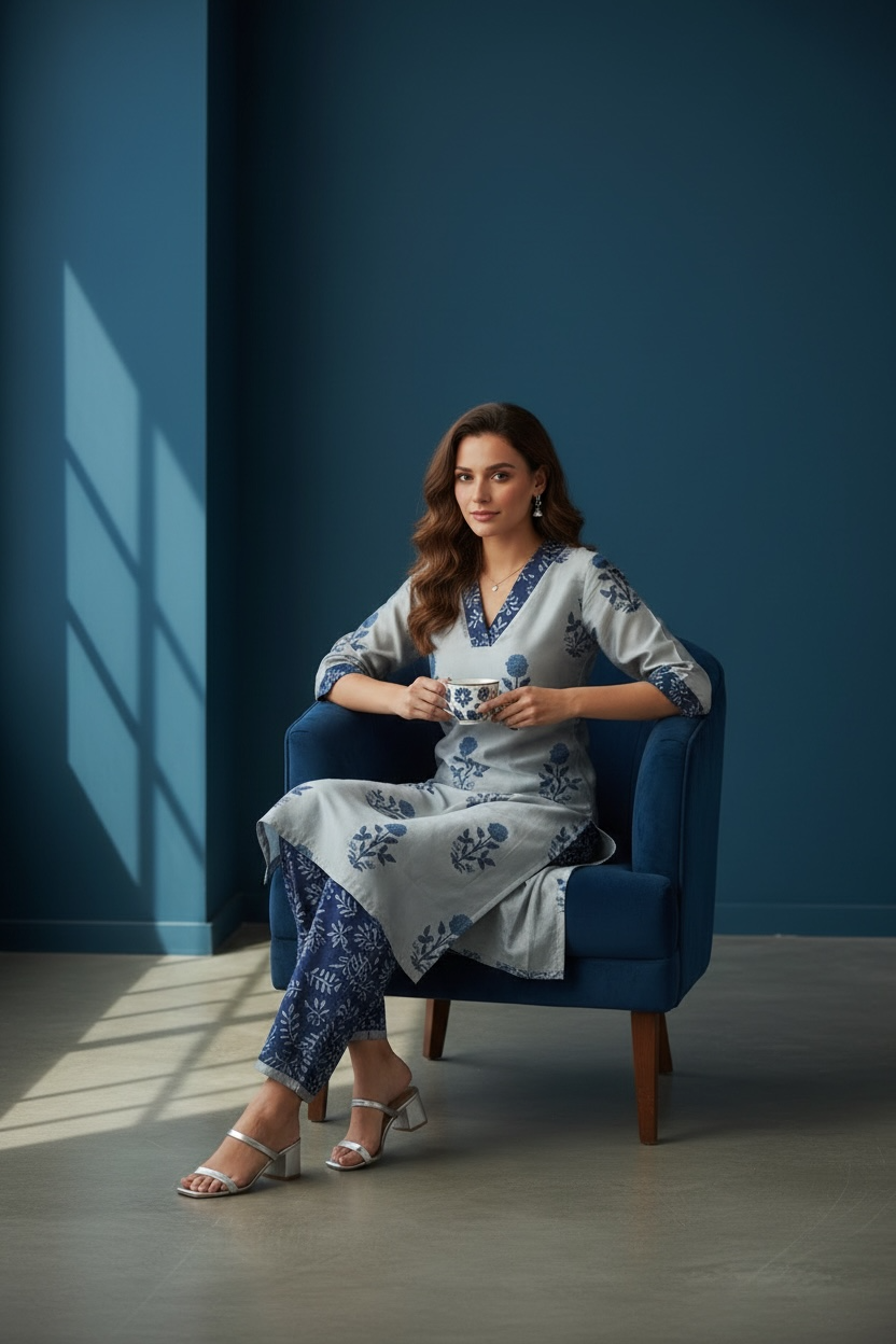 Grey and Blue Chanderi Silk Co-ord Set