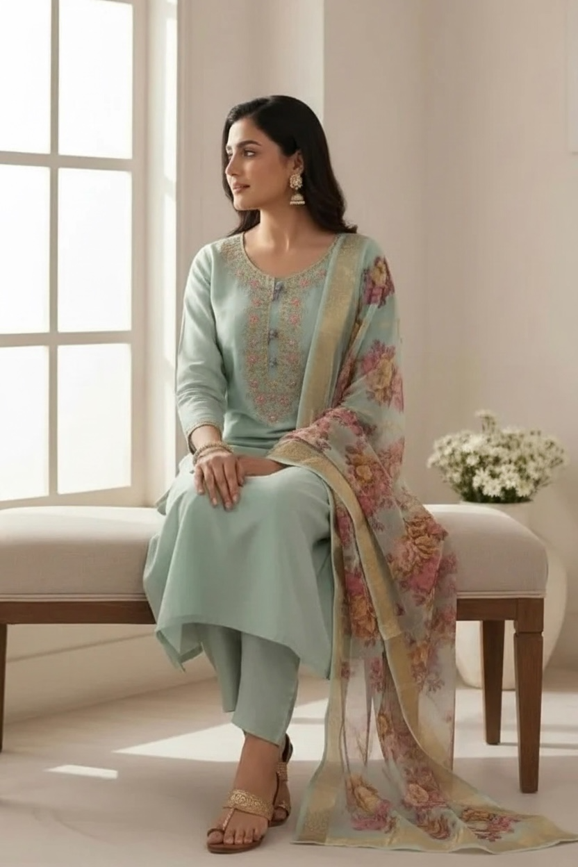 Light Green Chanderi Silk Suit with Printed Organza Dupatta and Pant