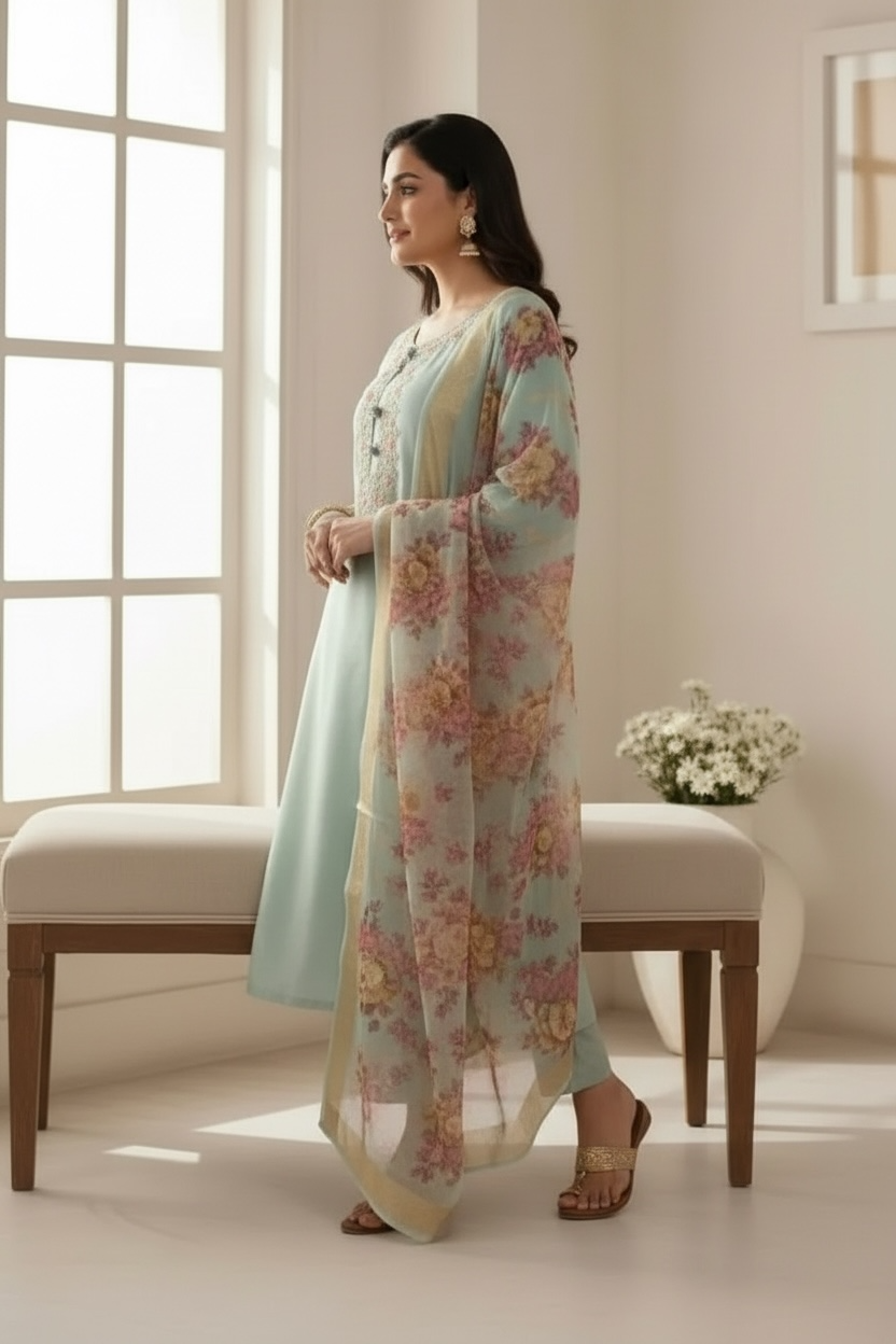 Light Green Chanderi Silk Suit with Printed Organza Dupatta and Pant