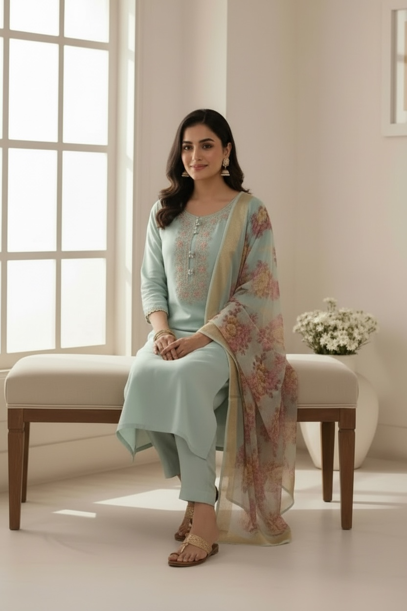 Light Green Chanderi Silk Suit with Printed Organza Dupatta and Pant