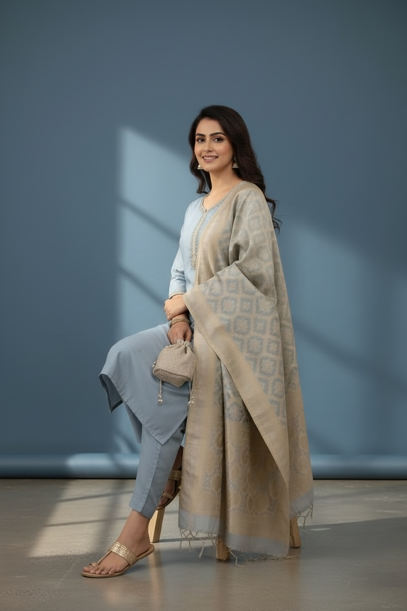 Sky Blue Handwork of Sippi and Pearl with Banarasi Dupatta and Pant
