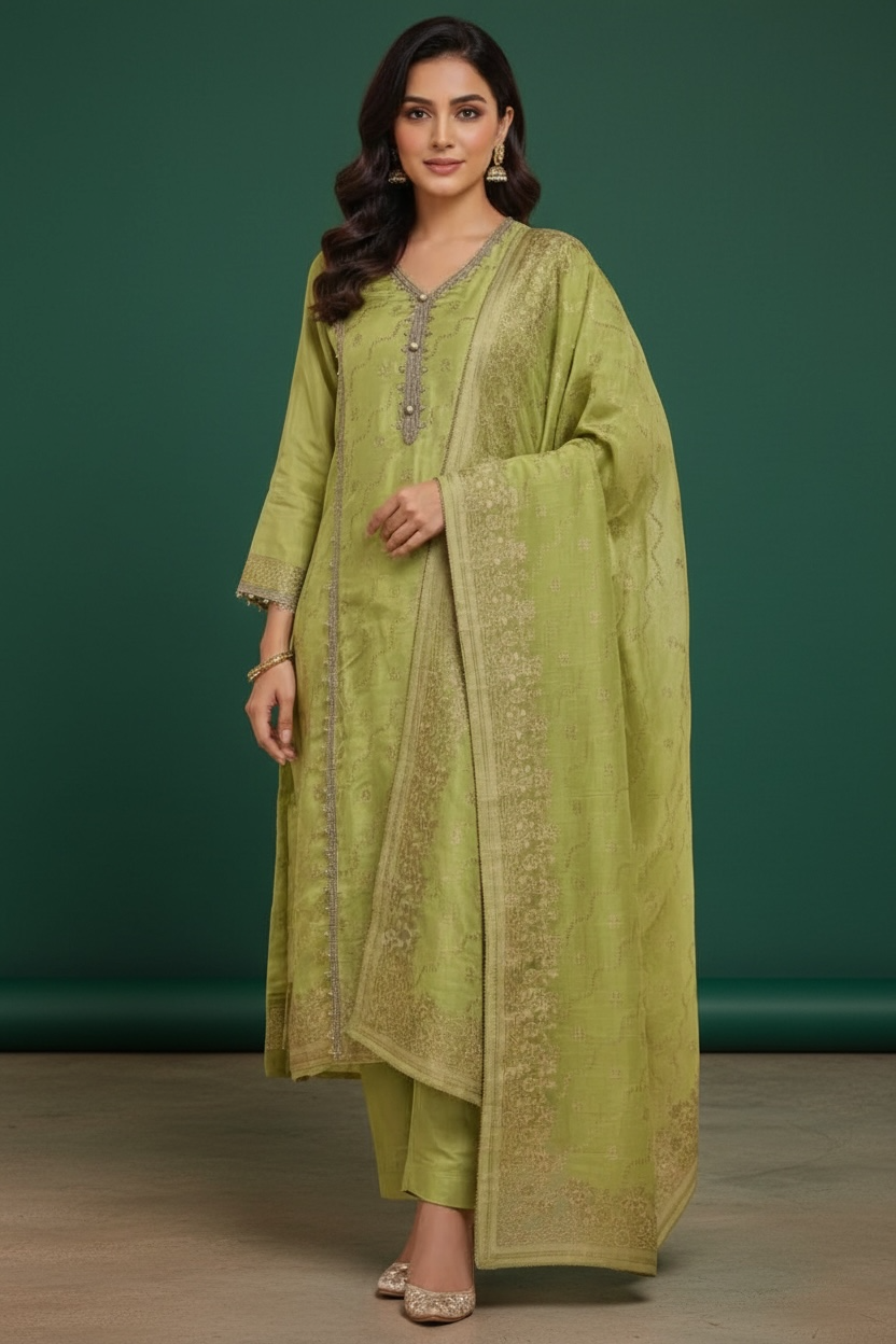 Green Chanderi Silk Banarsi Suit with Dupatta