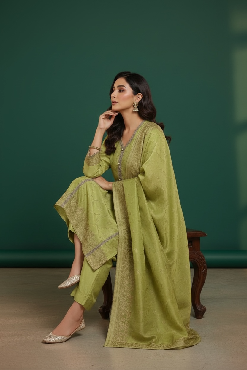 Green Chanderi Silk Banarsi Suit with Dupatta