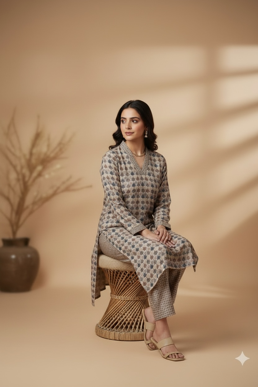 Beige Chanderi Silk with Multicoloured Printed Suit