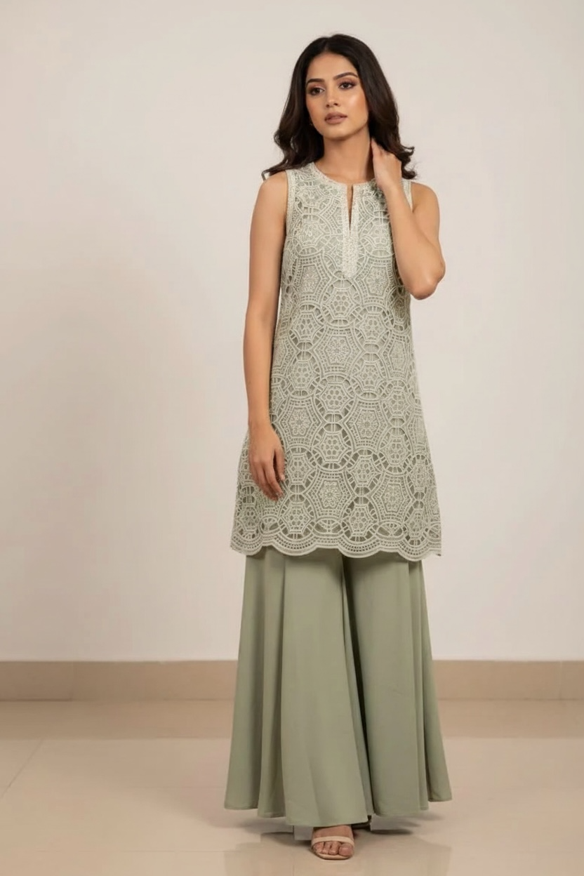 Anaya Pista Green Imported Fabric with Cutwork and Lace with Sharara