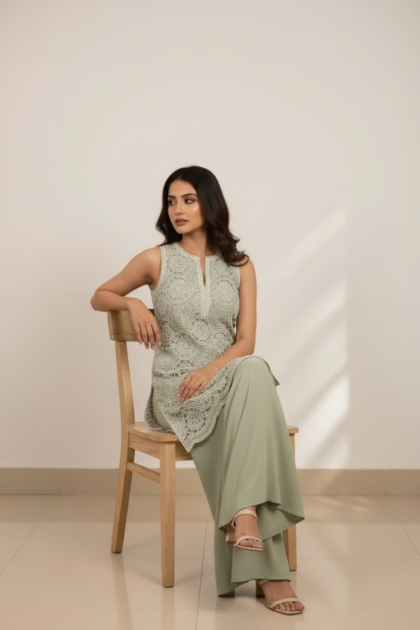 Anaya Pista Green Imported Fabric with Cutwork and Lace with Sharara
