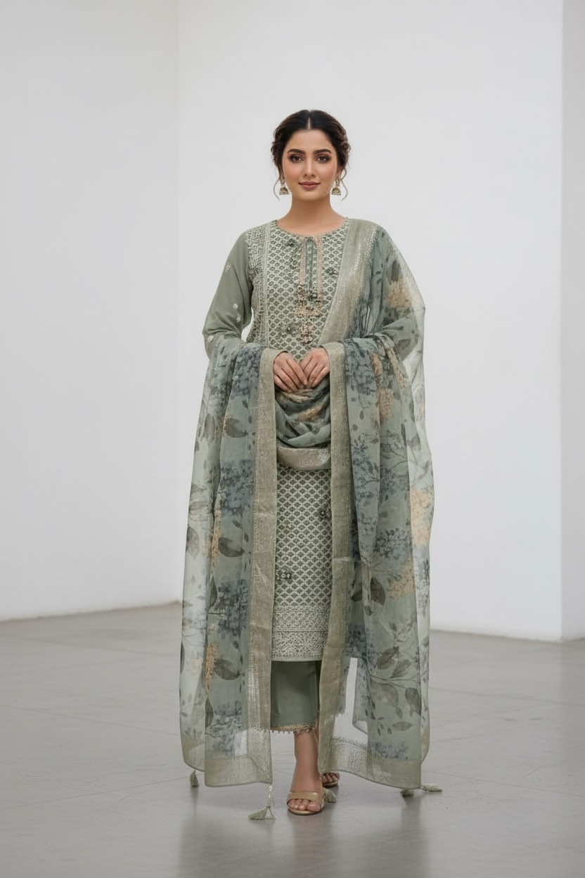 Alia Green Georgette Lakhnavi Suit with Banarsi Dupatta