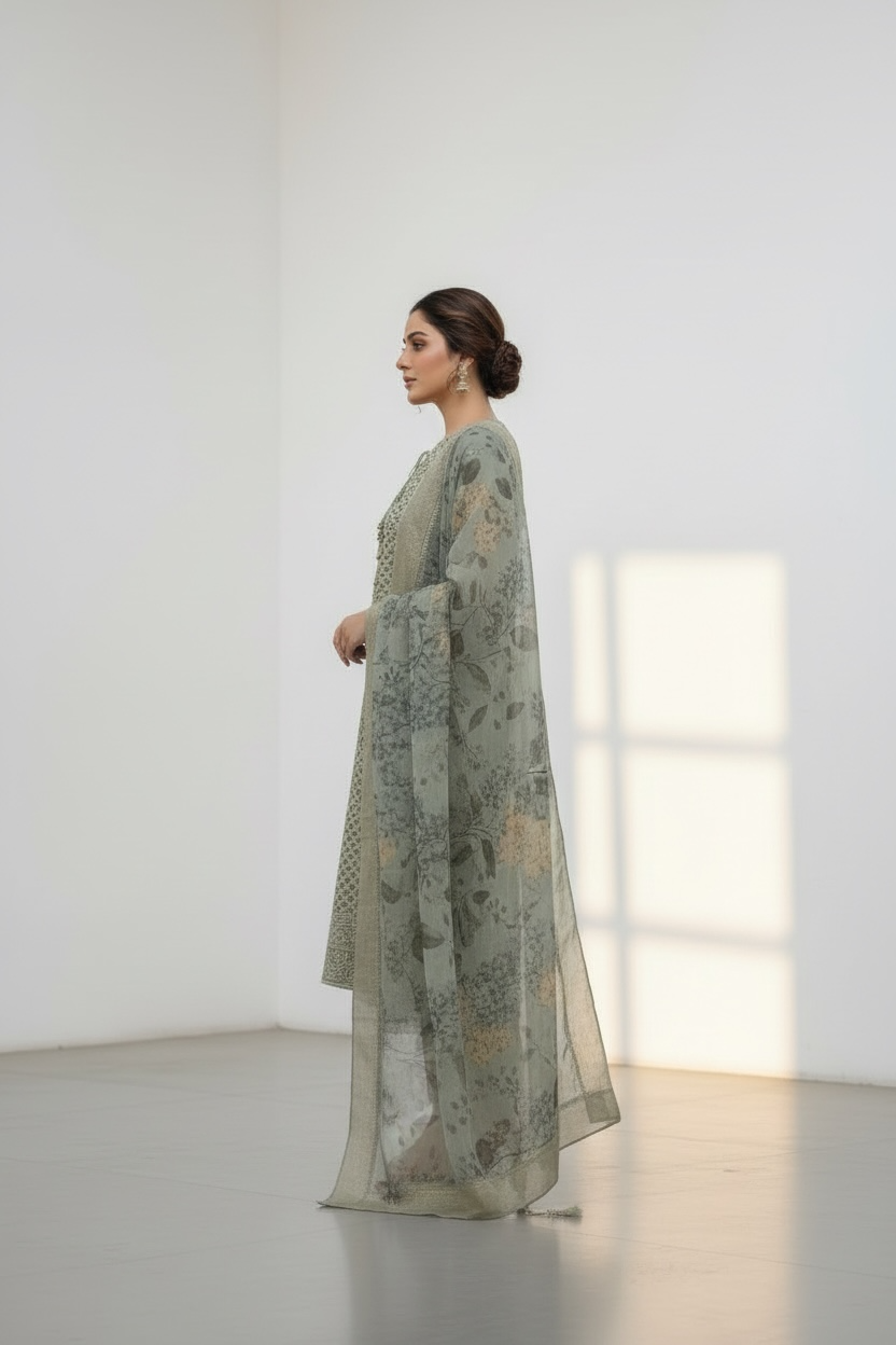 Alia Green Georgette Lakhnavi Suit with Banarsi Dupatta
